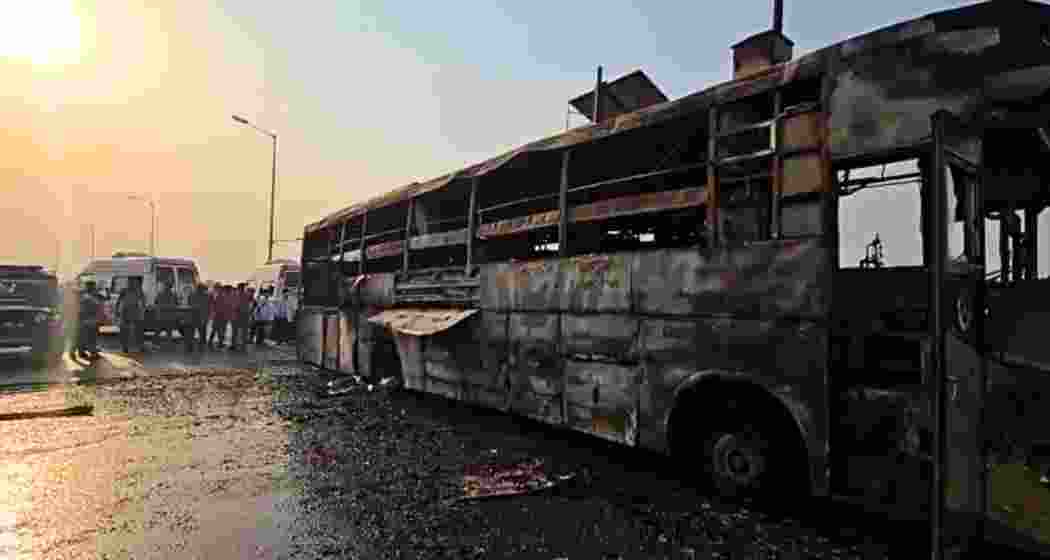 The charred remains of the bus that caught fire in Lucknow’s Mohanlalganj area, leaving five dead and several injured, as authorities investigate the cause of the blaze. The charred remains of the bus that caught fire in Lucknow’s Mohanlalganj area, leaving five dead and several injured, as authorities investigate the cause of the blaze.