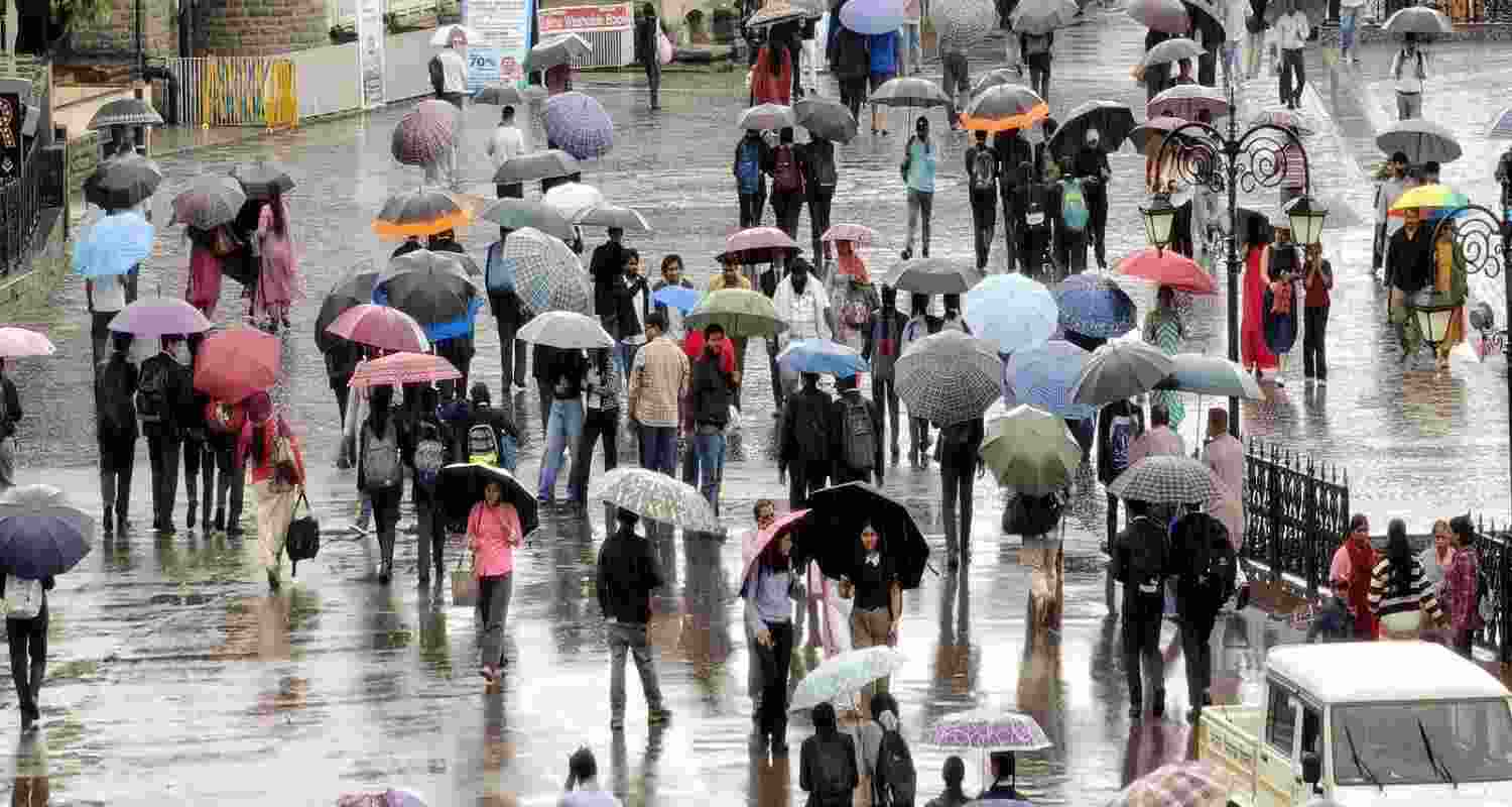 People cover themselves with umbrellas as they walk amid rainfall.
People cover themselves with umbrellas as they walk amid rainfall.