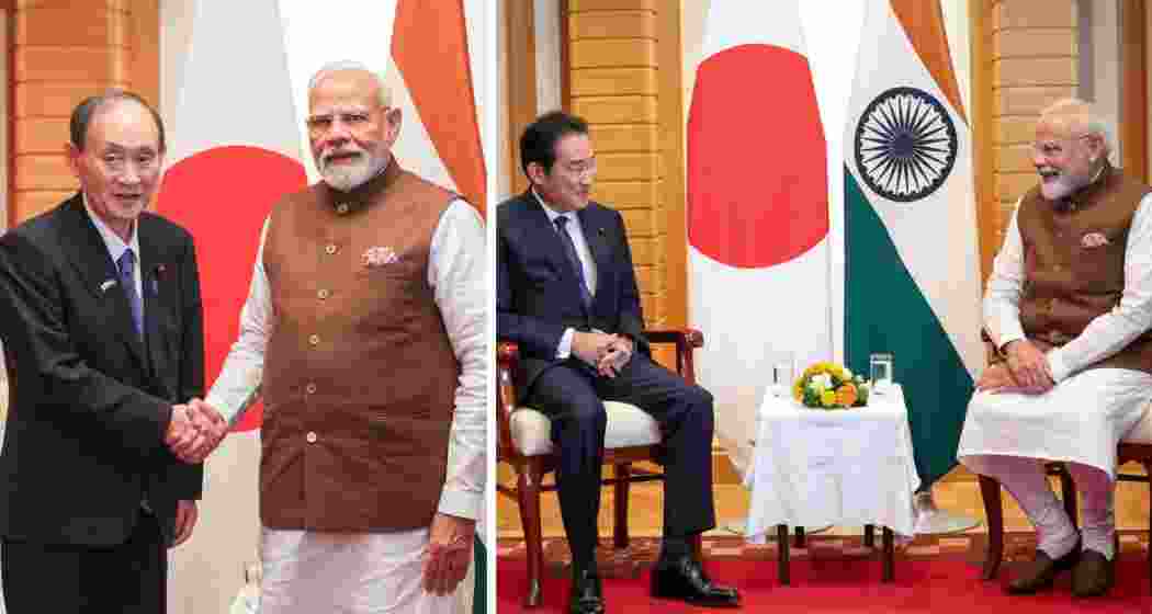 Prime Minister Narendra Modi with former Japanese Prime Ministers Yoshihide Suga and Fumio Kishida in Tokyo on Friday. Prime Minister Narendra Modi with former Japanese Prime Ministers Yoshihide Suga and Fumio Kishida in Tokyo on Friday.