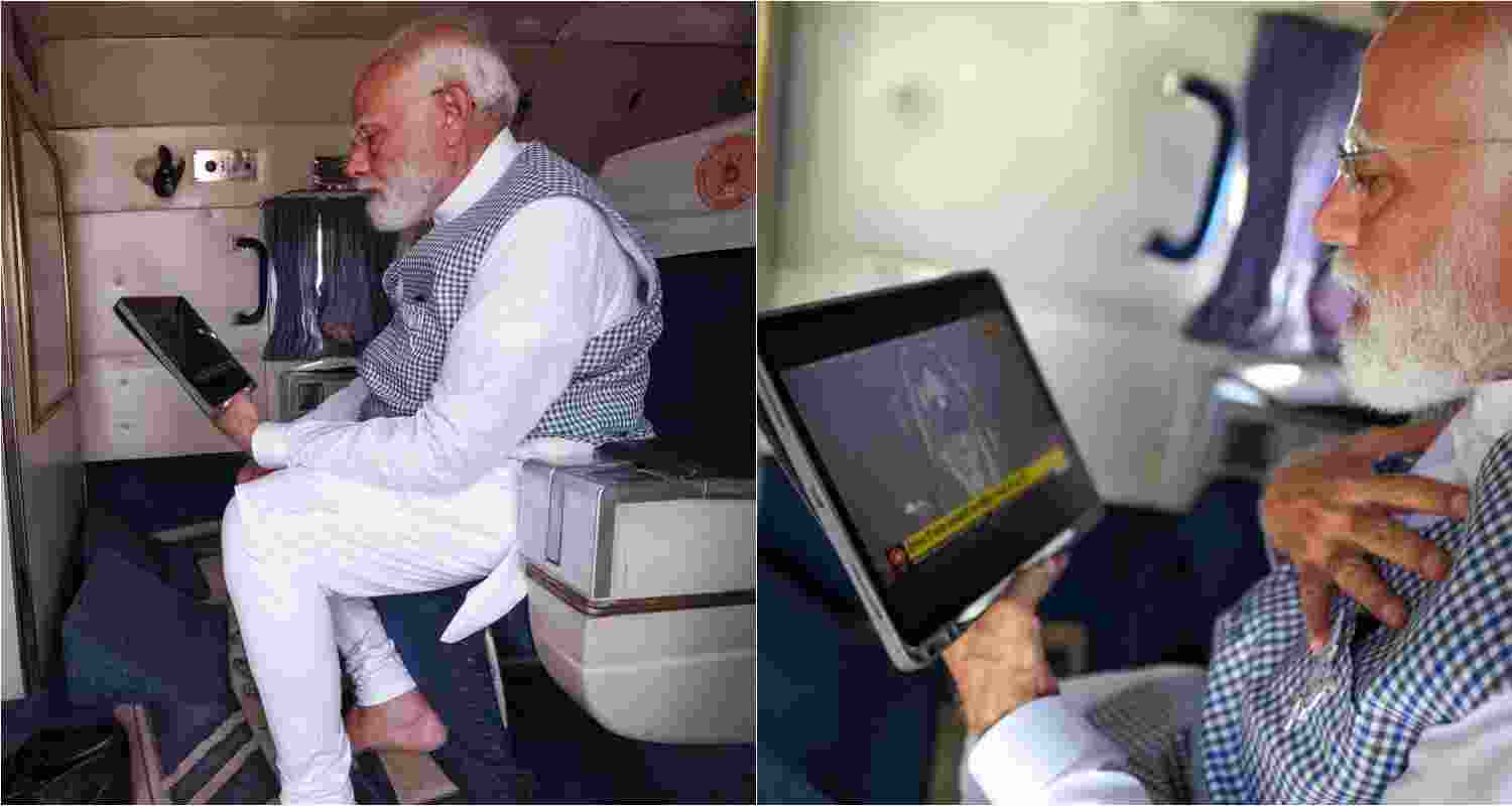 PM Modi watches sunrays illuminate Ram Lalla's forehead inside aircraft. PM Modi watches sunrays illuminate Ram Lalla's forehead inside aircraft.