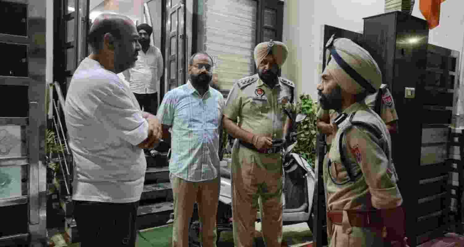 Police personnel outside the clinic targeted in a petrol bomb blast in Bathinda on Monday night. File photo Police personnel outside the clinic targeted in a petrol bomb blast in Bathinda on Monday night. File photo