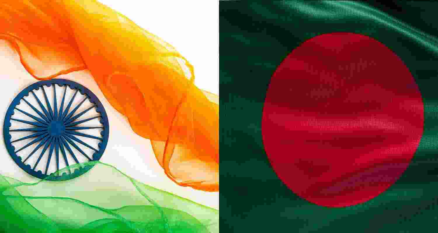 Tricolour flag of India with Bangladesh flag. Tricolour flag of India with Bangladesh flag.
