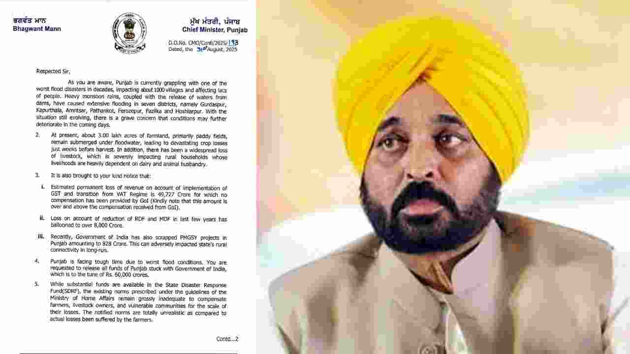 Punjab floods: CM's letter to PM urges ₹60,000 cr funds release Punjab floods: CM's letter to PM urges ₹60,000 cr funds release