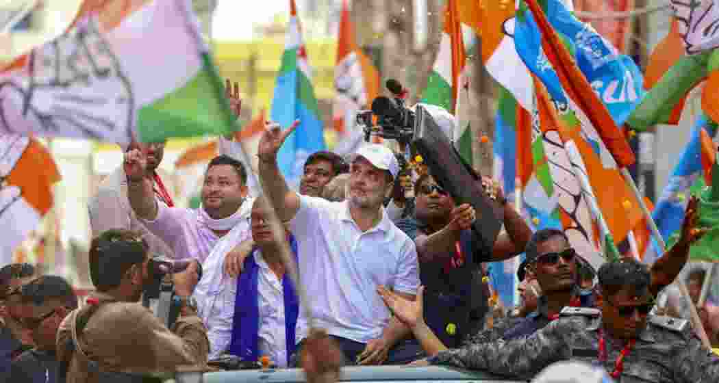 Congress leader Rahul Gandhi with RJD leader Tejashwi Yadav and Bihar Congress President Rajesh Ram during the second leg of ‘Voter Adhikar Yatra’ in Bihar. Congress leader Rahul Gandhi with RJD leader Tejashwi Yadav and Bihar Congress President Rajesh Ram during the second leg of ‘Voter Adhikar Yatra’ in Bihar.