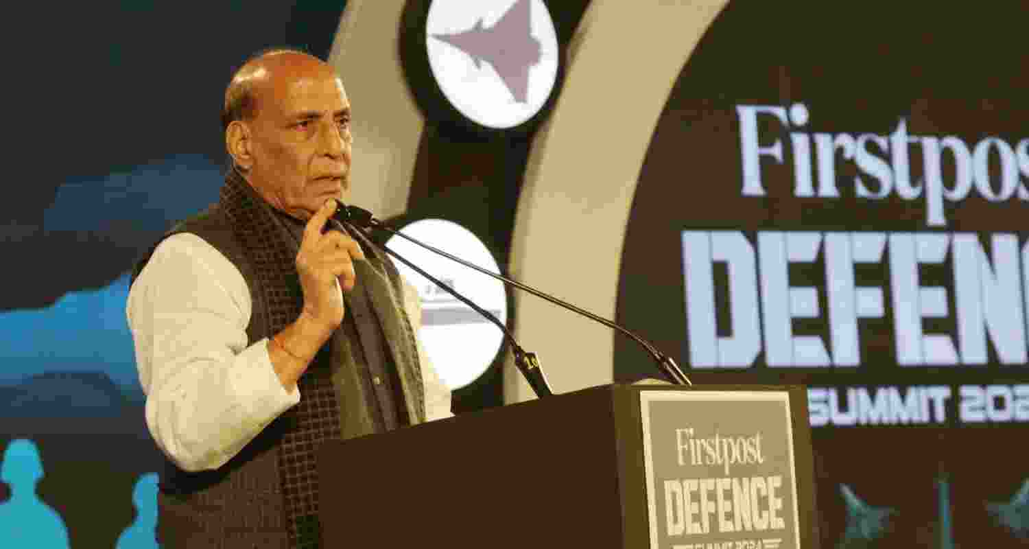 Union Defence Minister Rajnath Singh addresses the inaugural session of ‘Firstpost Defence Summit 2024’, in New Delhi. Union Defence Minister Rajnath Singh addresses the inaugural session of ‘Firstpost Defence Summit 2024’, in New Delhi.