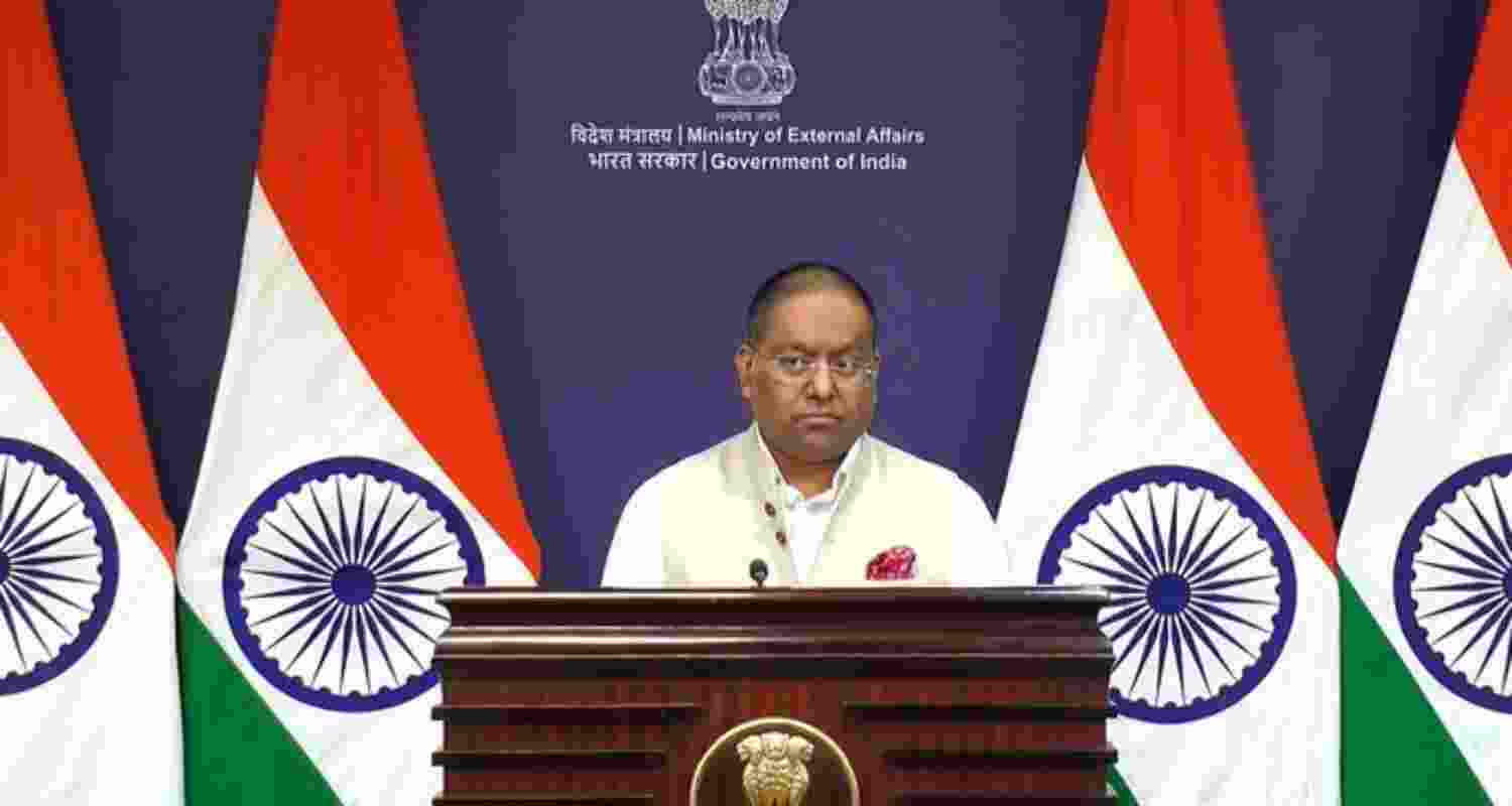 Ministry of External Affairs spokesperson Randhir Jaiswal addresses a press conference on Tuesday. Ministry of External Affairs spokesperson Randhir Jaiswal addresses a press conference on Tuesday.