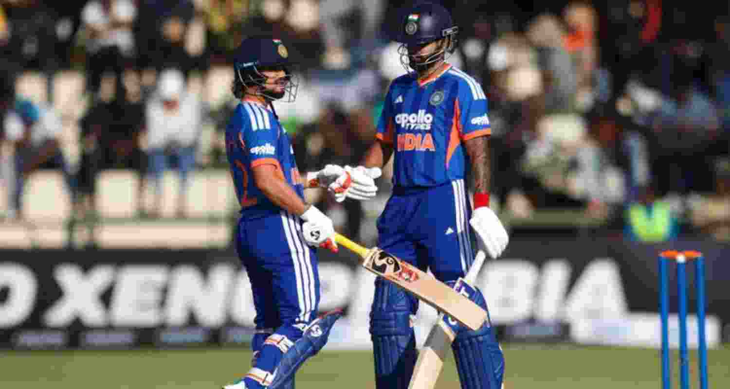 Ishan Kishan (left) patting his batting partner Shreyas Iyer with gloves during the first T20 cricket match between Zimbabwe and India in Harare, Zimbabwe. Ishan Kishan (left) patting his batting partner Shreyas Iyer with gloves during the first T20 cricket match between Zimbabwe and India in Harare, Zimbabwe.