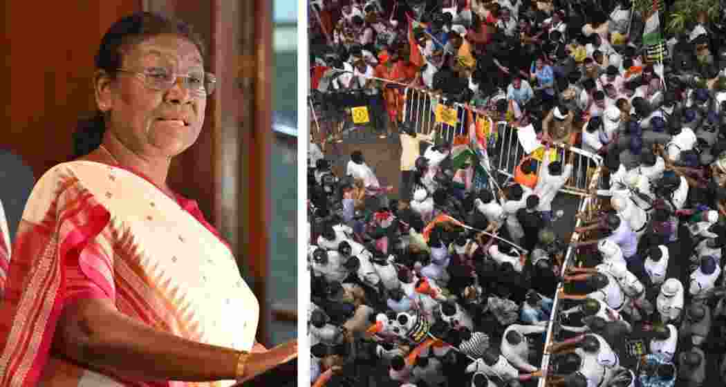 President Droupadi Murmu and a photograph of the alleged police assault during the anniversary protest. President Droupadi Murmu and a photograph of the alleged police assault during the anniversary protest.