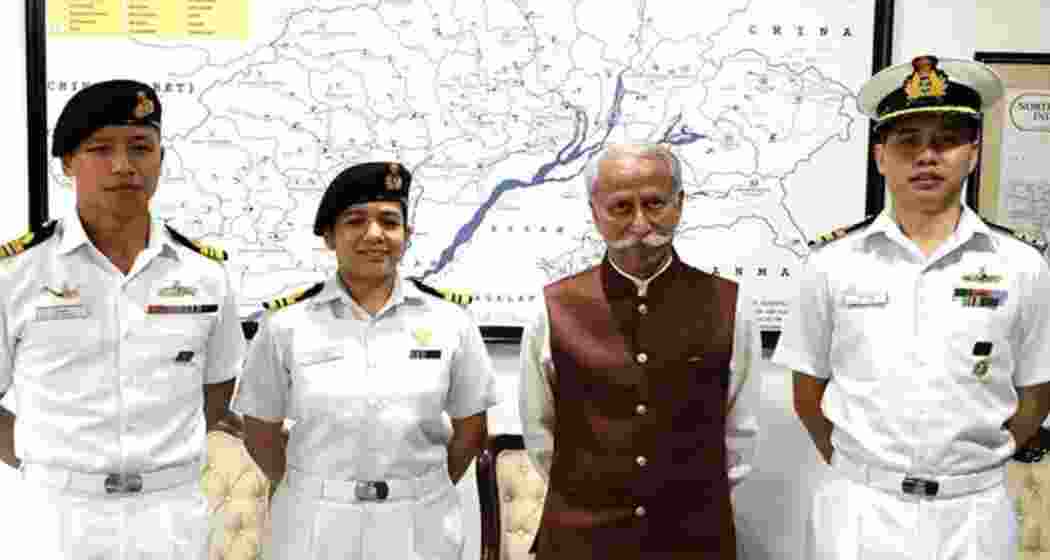 Arunachal Pradesh Governor Lt Gen (Retd) K T Parnaik seen with Commander Ronie Chowpoo and fellow naval officers. Arunachal Pradesh Governor Lt Gen (Retd) K T Parnaik seen with Commander Ronie Chowpoo and fellow naval officers.