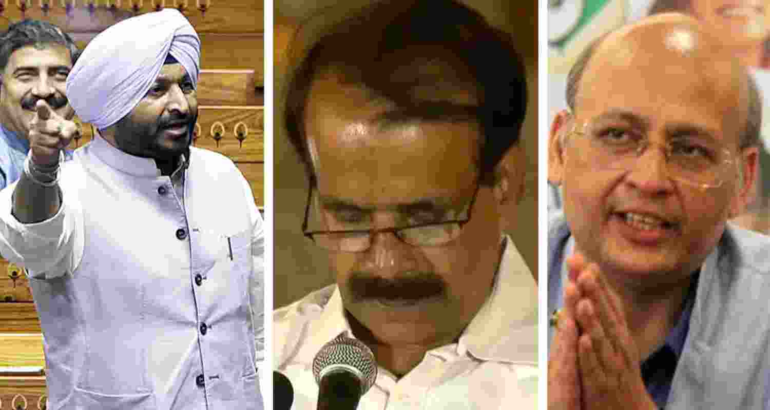 Ravneet Singh Bittu and George Kurian, senior Congress leader Abhishek Manu Singhvi. Ravneet Singh Bittu and George Kurian, senior Congress leader Abhishek Manu Singhvi.