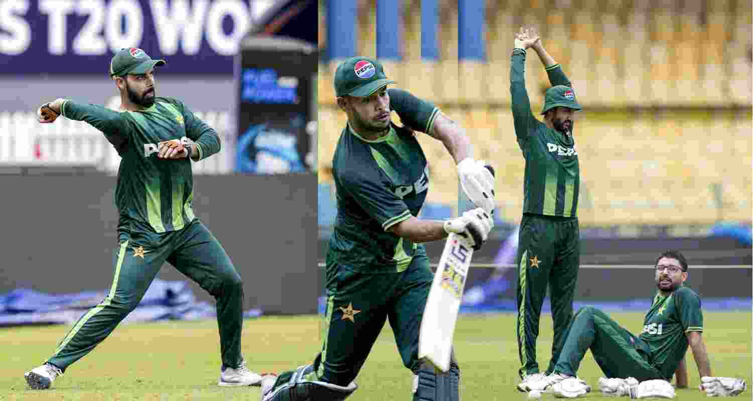 Pakistan’s Shadab Khan, Usman Khan and Salman Ali Agha during a practice session ahead of the ICC T20 World Cup match between India and Pakistan at the R Premadasa Stadium in Colombo, Sri Lanka, on Saturday. Pakistan’s Shadab Khan, Usman Khan and Salman Ali Agha during a practice session ahead of the ICC T20 World Cup match between India and Pakistan at the R Premadasa Stadium in Colombo, Sri Lanka, on Saturday.