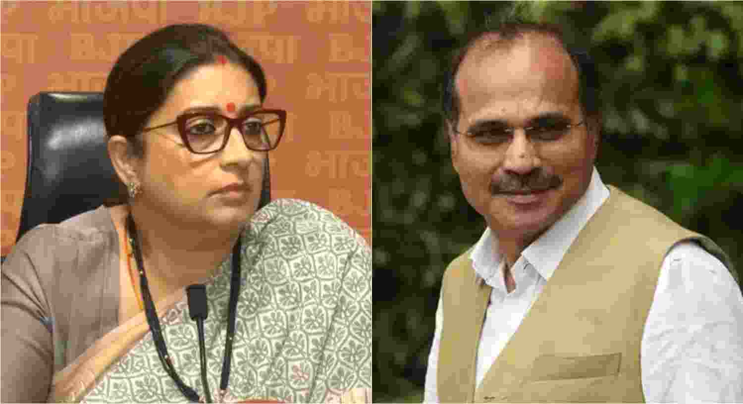 BJP MP and Union Minister Smriti Irani (L), Congress' leader and six-time MP Adhir Ranjan Chowdhury (R). BJP MP and Union Minister Smriti Irani (L), Congress' leader and six-time MP Adhir Ranjan Chowdhury (R).