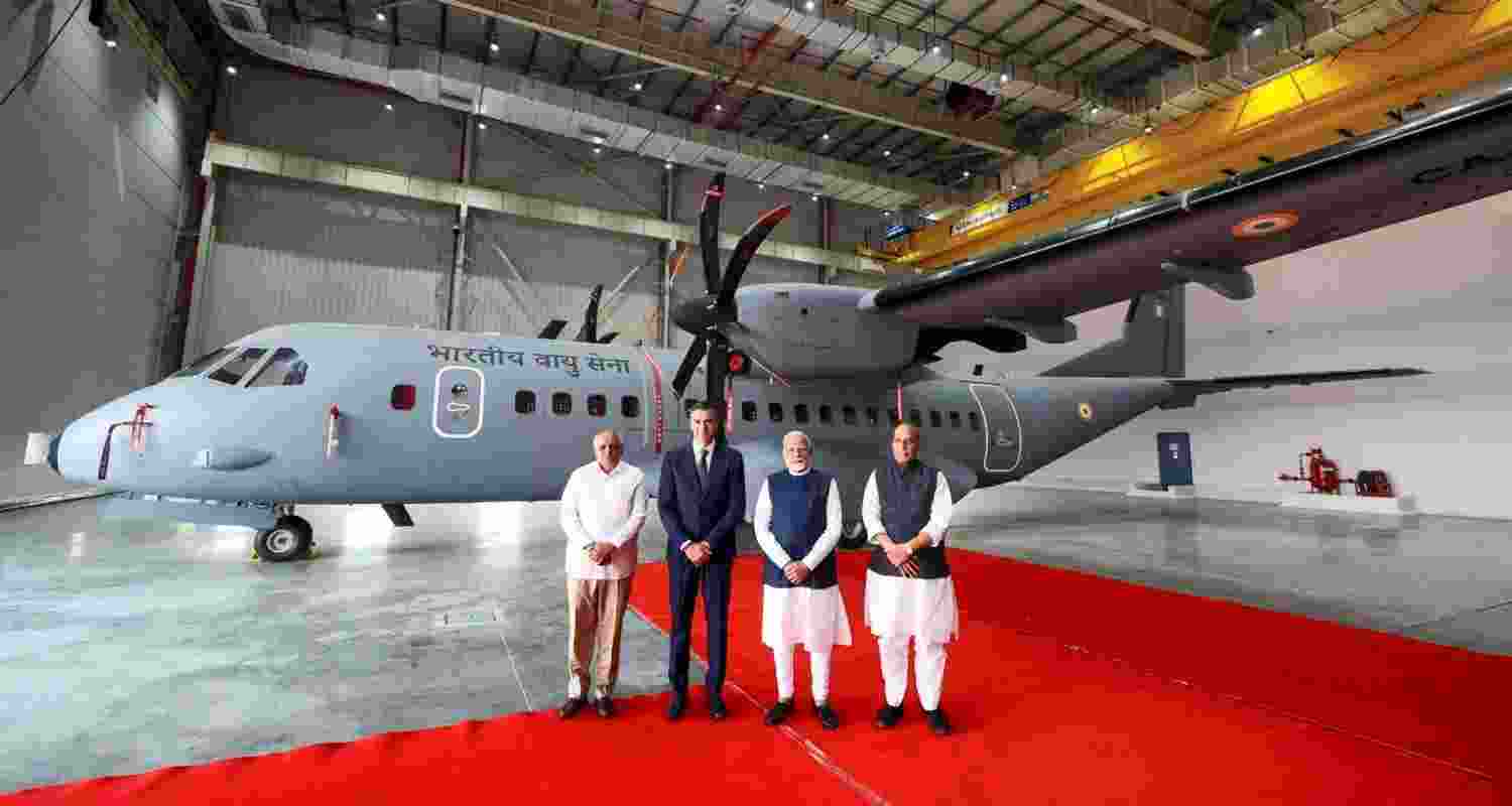 PM Narendra Modi, Spanish PM Pedro Sanchez, Defence Minister Rajnath Singh, Gujarat CM Bhupendra Patel at the inauguration of TATA Aircraft Complex, in Vadodara, Gujarat on Monday. PM Narendra Modi, Spanish PM Pedro Sanchez, Defence Minister Rajnath Singh, Gujarat CM Bhupendra Patel at the inauguration of TATA Aircraft Complex, in Vadodara, Gujarat on Monday.