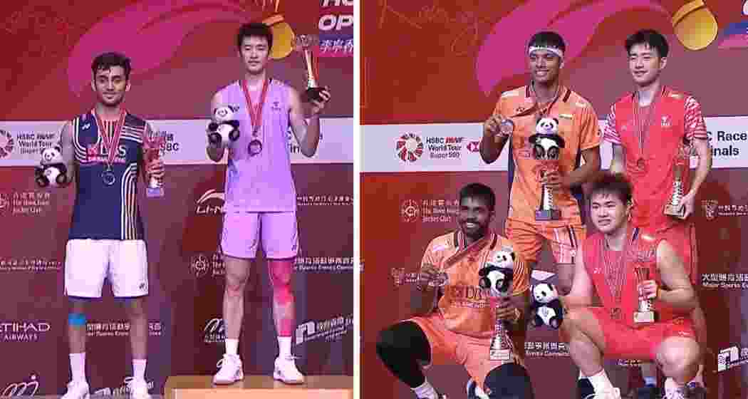 Lakshya Sen and Li Shi Feng pose with their medals. Lakshya Sen and Li Shi Feng pose with their medals.