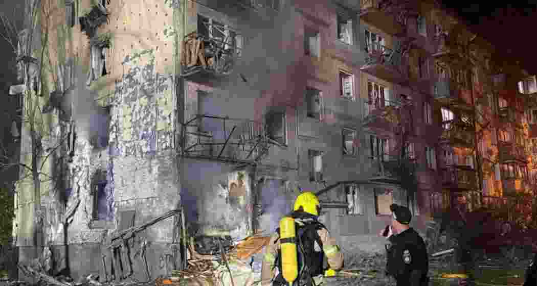 A residential buidling bombarded by a Russian airstrike in Kyiv. A residential buidling bombarded by a Russian airstrike in Kyiv.