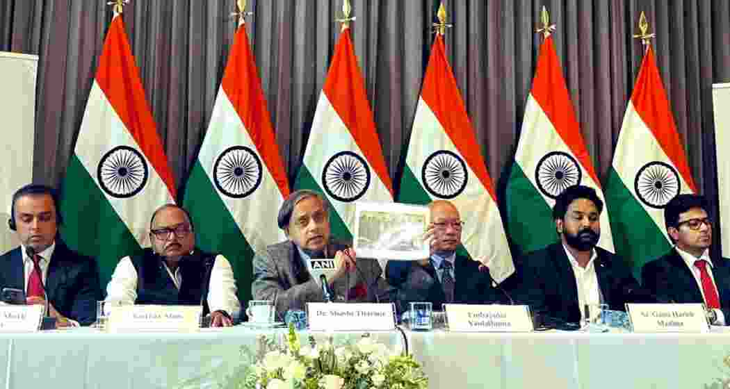 Congress MP Shashi Tharoor addresses the media in Colombia during his official visit on Thursday. Congress MP Shashi Tharoor addresses the media in Colombia during his official visit on Thursday.