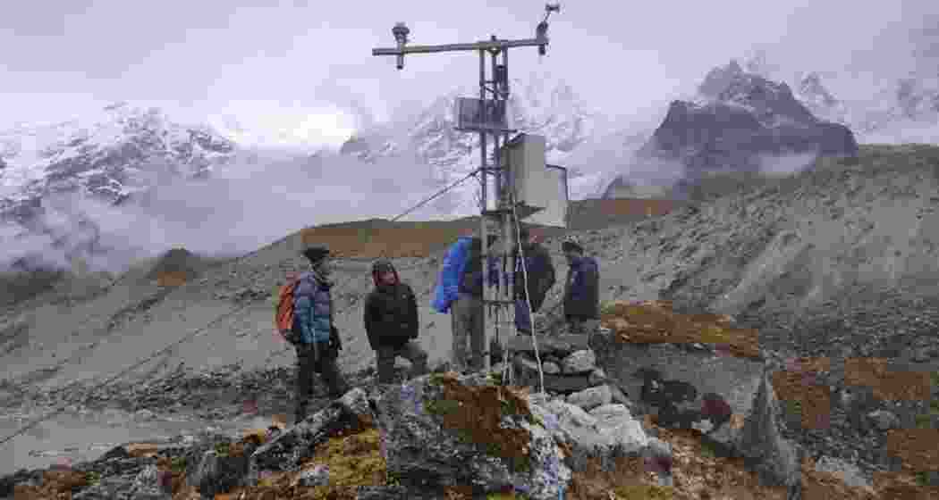 Scientists from the Department of Science and Technology (DST), Government of Sikkim, conducting research at East Rathong Glacier in Gyalshing district, Khangchendzonga National Park, at an elevation of 4,600 to 6,700 meters. Scientists from the Department of Science and Technology (DST), Government of Sikkim, conducting research at East Rathong Glacier in Gyalshing district, Khangchendzonga National Park, at an elevation of 4,600 to 6,700 meters.