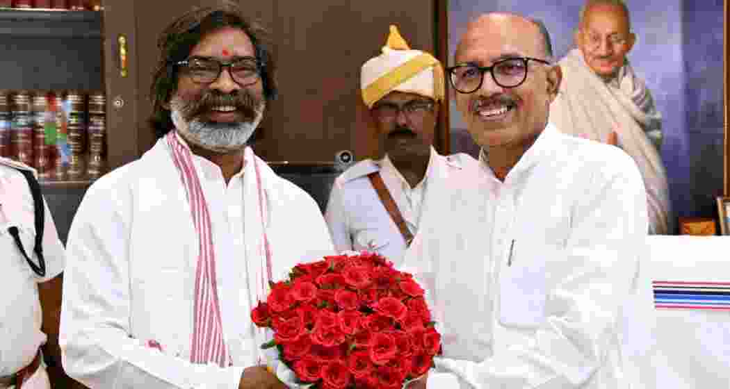 Jharkhand Chief Minister Hemant Soren greets Speaker Rabindra Nath Mahto at State Assembly in Ranchi on Monday. Jharkhand Chief Minister Hemant Soren greets Speaker Rabindra Nath Mahto at State Assembly in Ranchi on Monday.