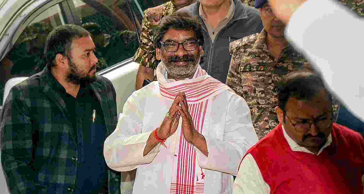 Former Jharkhand CM and JMM leader Hemant Soren being produced before a PMLA court by the Enforcement Directorate (ED) officials in a money laundering case, in Ranchi, Monday. Former Jharkhand CM and JMM leader Hemant Soren being produced before a PMLA court by the Enforcement Directorate (ED) officials in a money laundering case, in Ranchi, Monday.