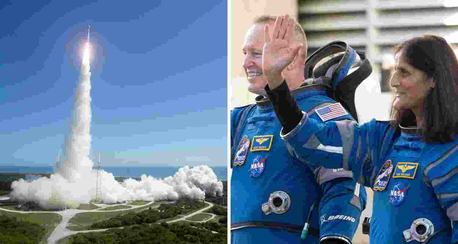 Left: The NASA's starliner lifts off. Right: Sunita Williams and Butch Wilmore before the spacecraft launch. Left: The NASA's starliner lifts off. Right: Sunita Williams and Butch Wilmore before the spacecraft launch.