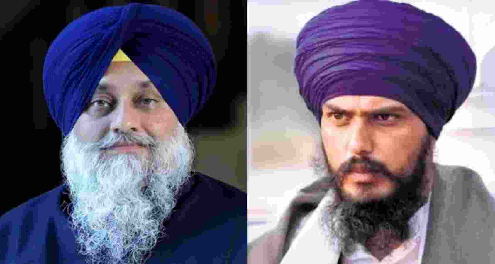 Shiromani Akali Dal chief Sukhbir Badal and Amritpal Singh, MP from Khadoor Sahib. File photos. Shiromani Akali Dal chief Sukhbir Badal and Amritpal Singh, MP from Khadoor Sahib. File photos.