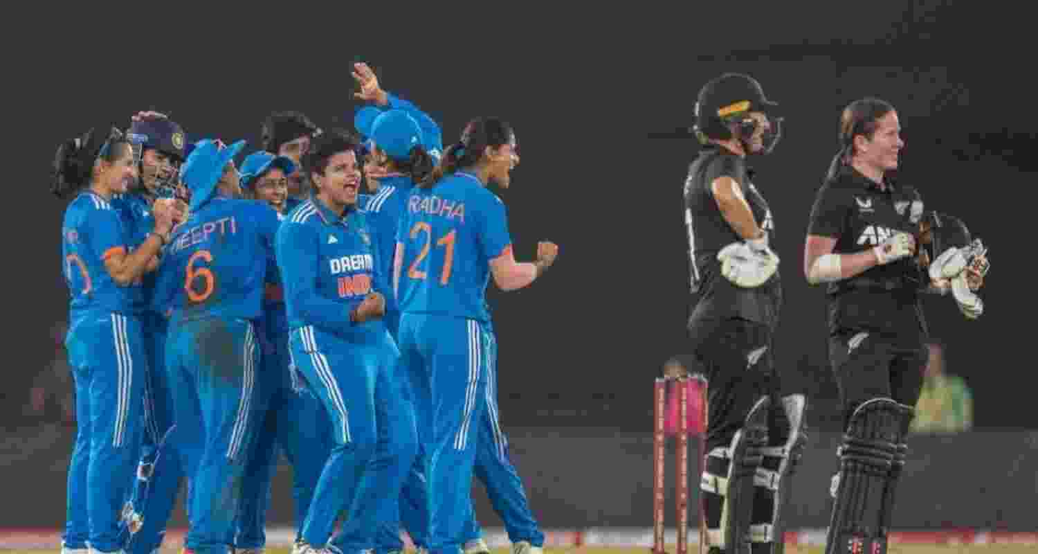 Indian women celebrate their 59 run victory over New Zealand in first ODI in Ahmedabad. Indian women celebrate their 59 run victory over New Zealand in first ODI in Ahmedabad.