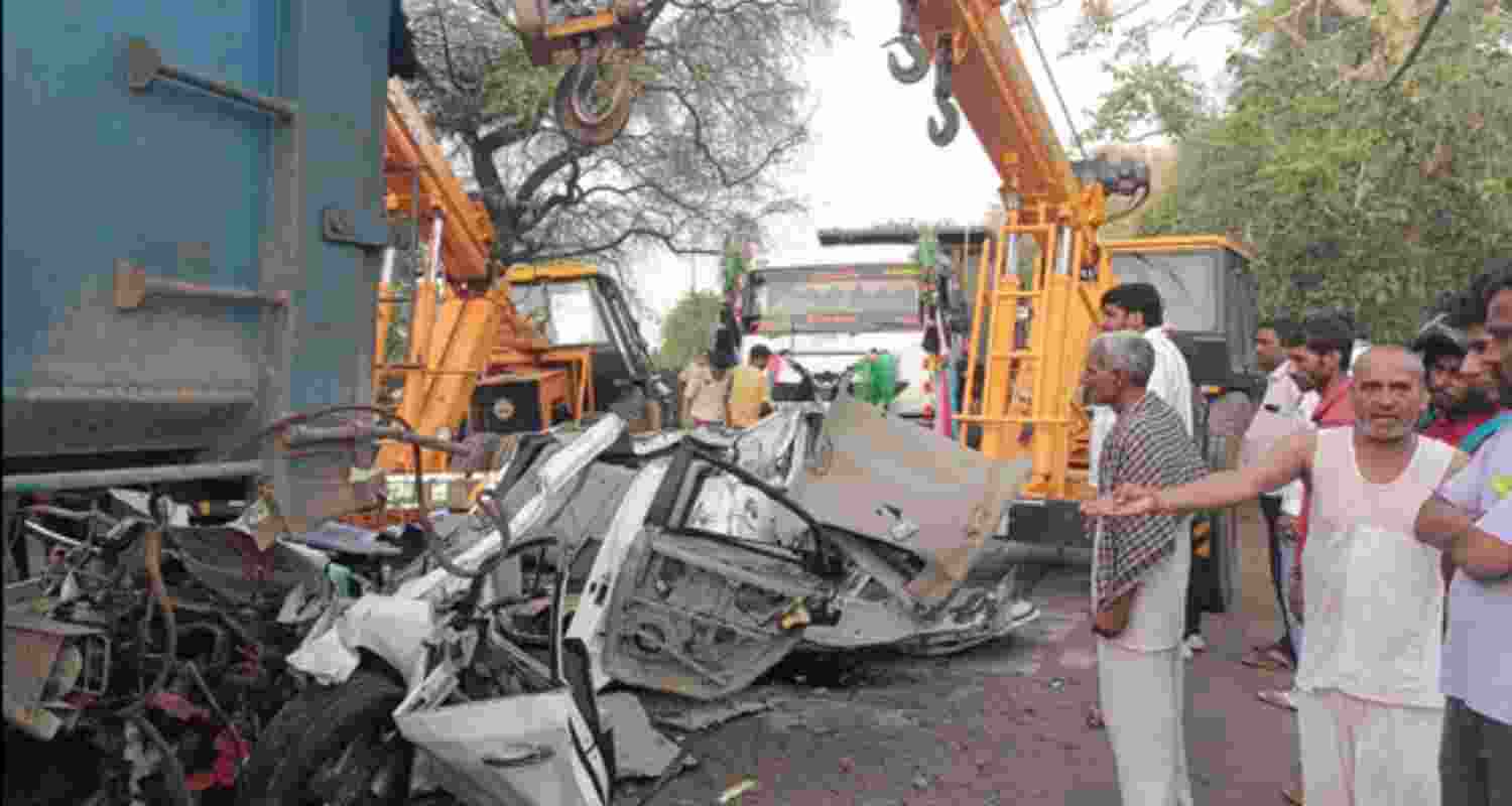 The mangled remains of the car after it rammed into the truck in Haryana’s Mahendergarh early on Monday. The mangled remains of the car after it rammed into the truck in Haryana’s Mahendergarh early on Monday.