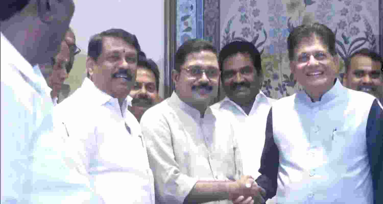 After joining the NDA in Tamil Nadu, AMMK Party General Secretary TTV Dhinakaran meets the BJP election in-charge for the state, Piyush Goyal. After joining the NDA in Tamil Nadu, AMMK Party General Secretary TTV Dhinakaran meets the BJP election in-charge for the state, Piyush Goyal.