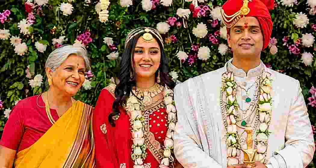 Twisha Sharma (centre) with her mother-in-law, Giribala Singh (left), and husband, Samarth Singh, during their wedding ceremony. Twisha Sharma (centre) with her mother-in-law, Giribala Singh (left), and husband, Samarth Singh, during their wedding ceremony.
