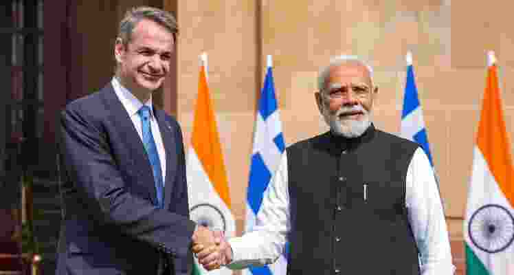 Prime Minister Narendra Modi shakes hands with Prime Minister of Greece Kyriakos Mitsotakis at the Hyderabad House, in New Delhi. Prime Minister Narendra Modi shakes hands with Prime Minister of Greece Kyriakos Mitsotakis at the Hyderabad House, in New Delhi.