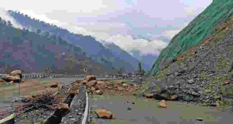 View of Jammu-Srinagar National Highway remained amid landslide, View of Jammu-Srinagar National Highway remained amid landslide,