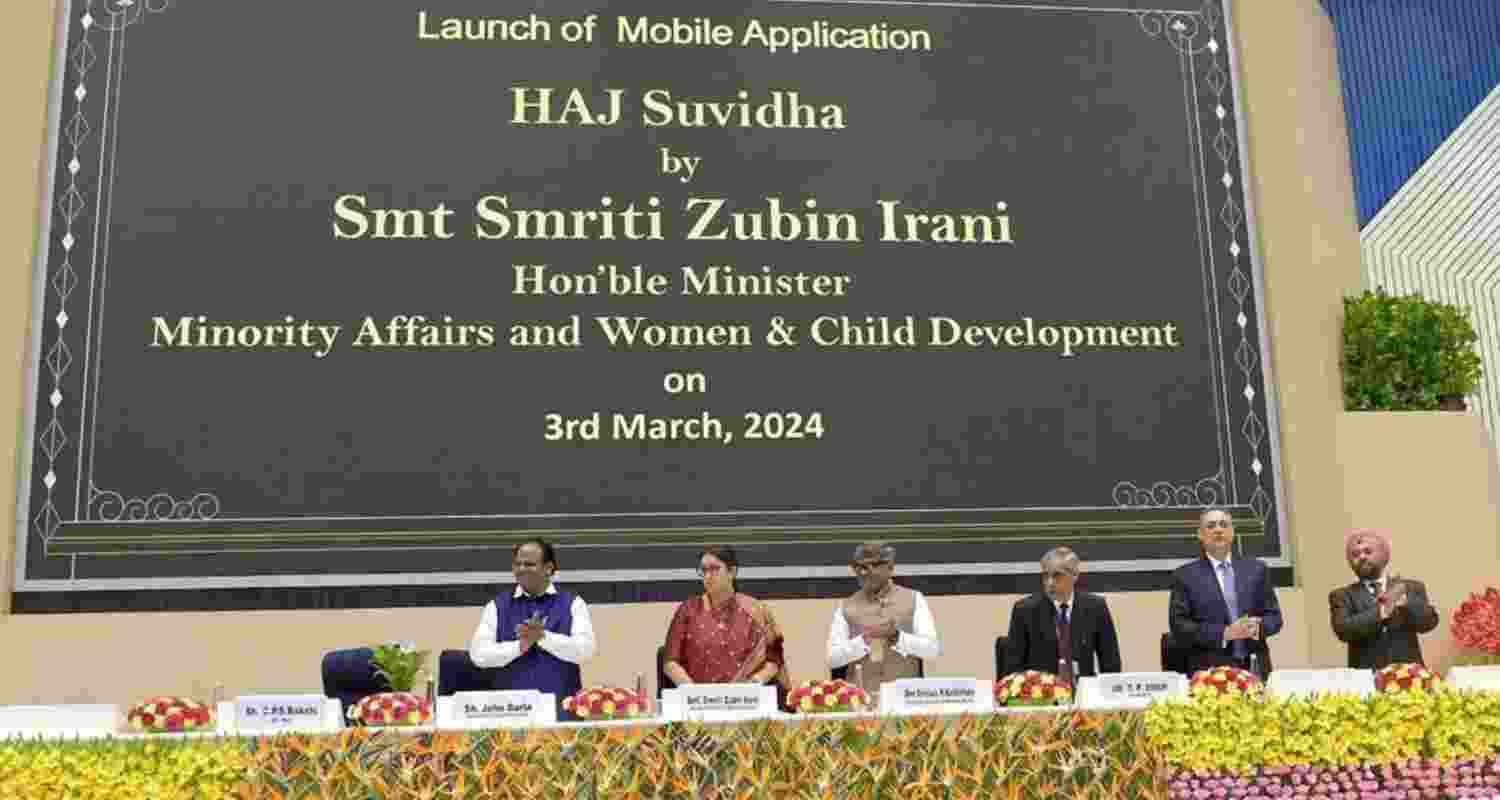 Minority Affairs and Women & Child Development Minister Smriti Irani while the Launch of the Haj Suvidha App. Image X. Minority Affairs and Women & Child Development Minister Smriti Irani while the Launch of the Haj Suvidha App. Image X.