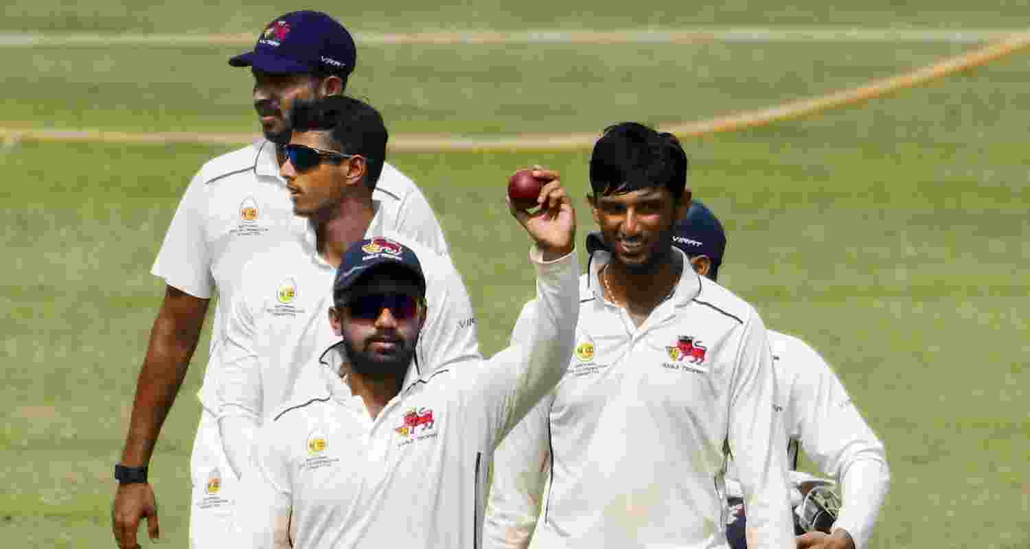 Mumbai's bowler Shams Mulani after taking 11 wickets during the Ranji Trophy 2024-25 cricket match against Odisha, in Mumbai, Saturday, Nov. 9, 2024. Mumbai's bowler Shams Mulani after taking 11 wickets during the Ranji Trophy 2024-25 cricket match against Odisha, in Mumbai, Saturday, Nov. 9, 2024.