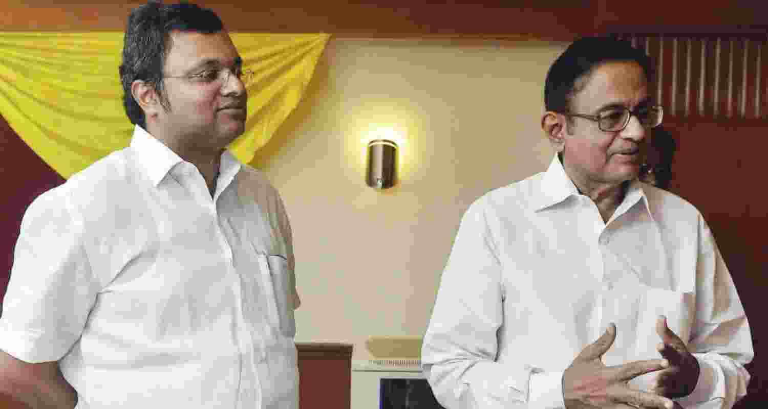 Karti Chidambaram with his father Congress Leader and Former Home Minister P Chidambaram. Image X. Karti Chidambaram with his father Congress Leader and Former Home Minister P Chidambaram. Image X.