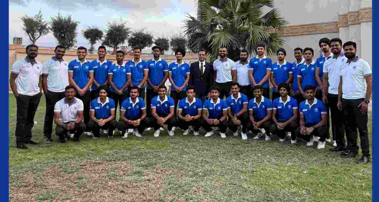 India junior hockey team with Indian embassy in Oman. Image: X. India junior hockey team with Indian embassy in Oman. Image: X.