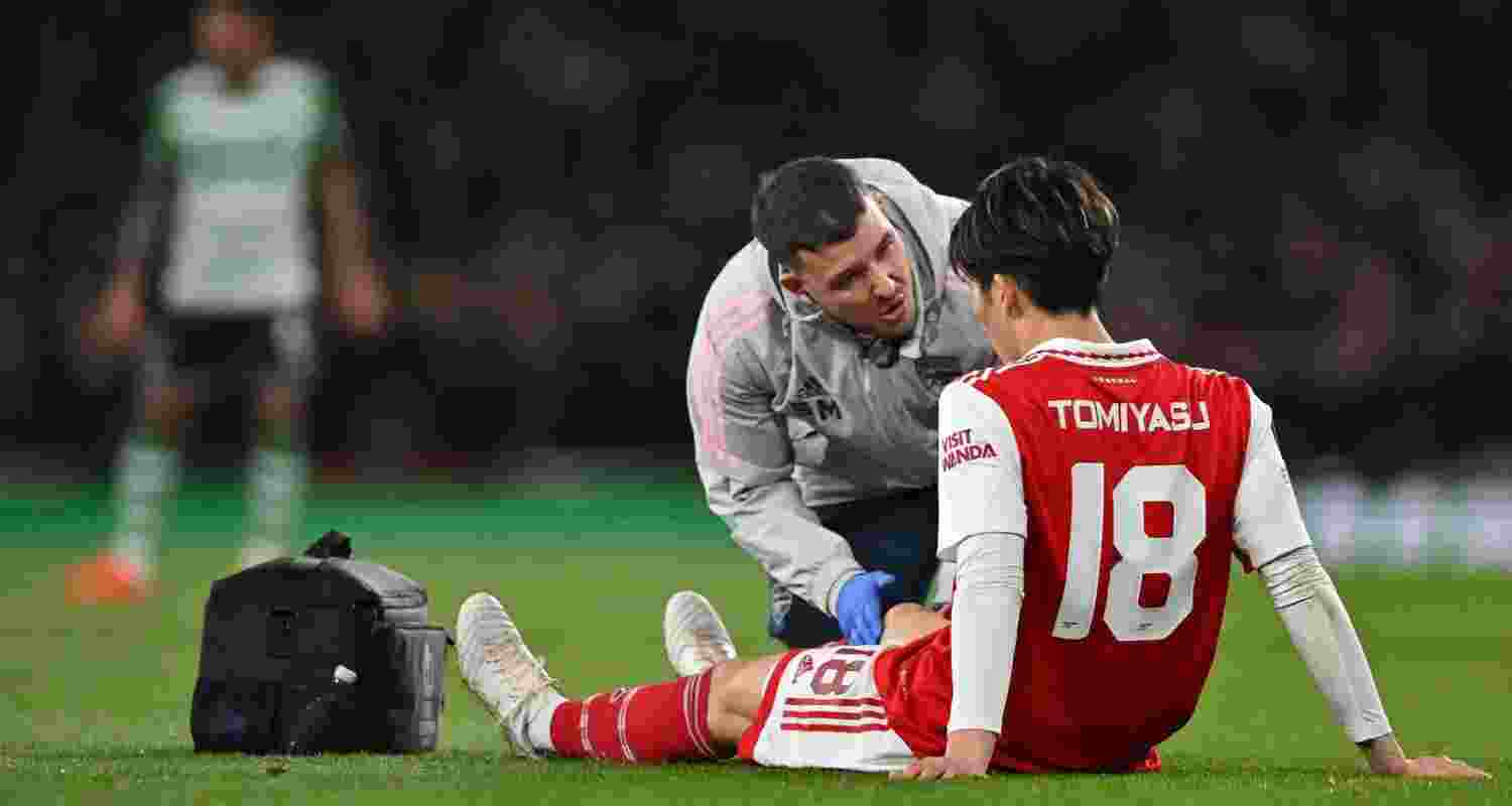 Arsenal defender Takehiro Tomiyasu sidelined after knee surgery. Arsenal defender Takehiro Tomiyasu sidelined after knee surgery.