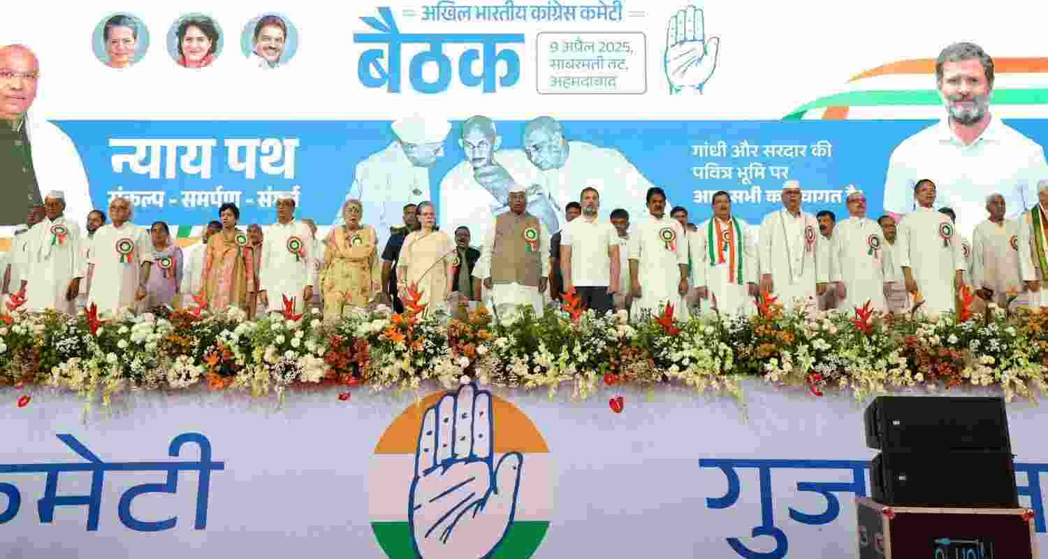 LoP Rahul Gandhi criticises BJP for ignoring minorities at the AICC Convention Meeting in Ahmedabad. LoP Rahul Gandhi criticises BJP for ignoring minorities at the AICC Convention Meeting in Ahmedabad.