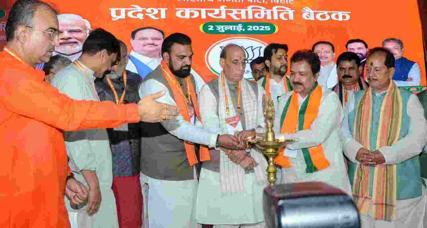 Defence Minister Rajnath Singh lauds Bihar’s legacy and BJP’s roots. Defence Minister Rajnath Singh lauds Bihar’s legacy and BJP’s roots.