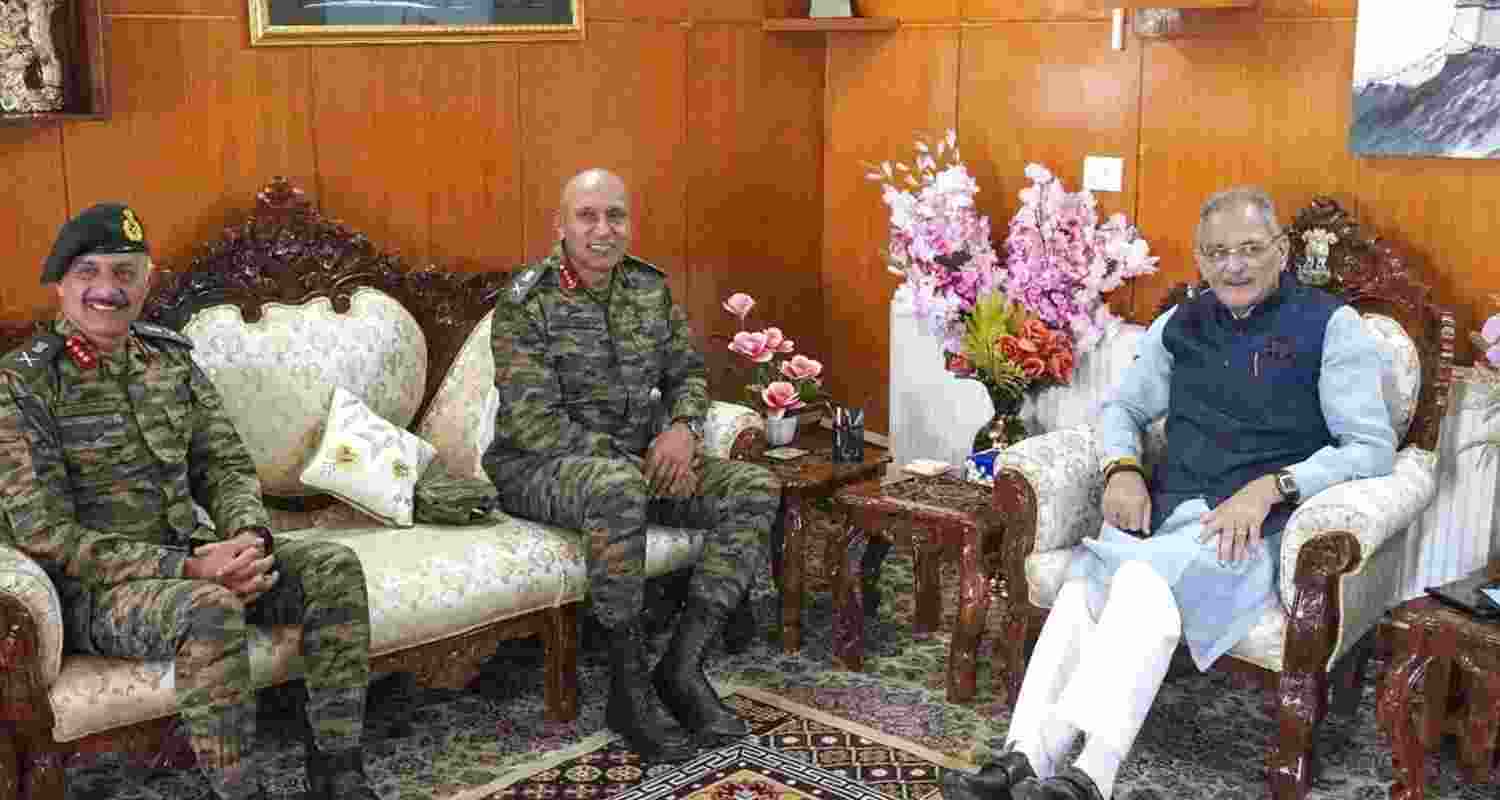 Ladakh Lt. Governor Kavinder Gupta with General Officer Commanding-in-Chief Northern Command Lt. Gen. Pratik Sharma and General Officer Commanding-in-Chief Fire & Fury Corps Lt. Gen. Hitesh Bhalla during a meeting, at Raj Niwas, in Ladakh. Ladakh Lt. Governor Kavinder Gupta with General Officer Commanding-in-Chief Northern Command Lt. Gen. Pratik Sharma and General Officer Commanding-in-Chief Fire & Fury Corps Lt. Gen. Hitesh Bhalla during a meeting, at Raj Niwas, in Ladakh.