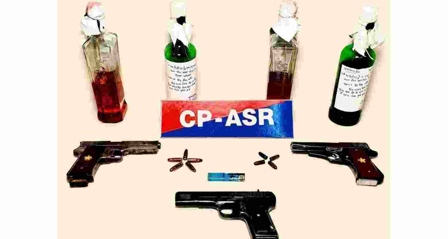 Weapons, petrol bottle bombs and ammunition recovered by Amritsar Police. Weapons, petrol bottle bombs and ammunition recovered by Amritsar Police.