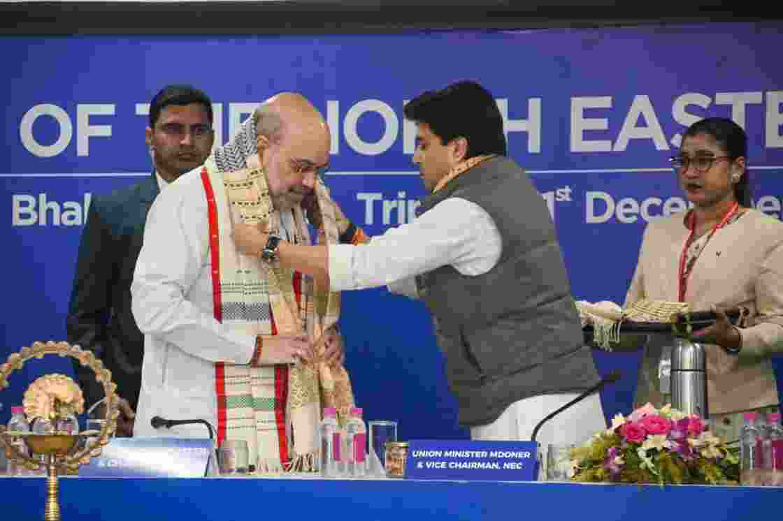 Jyotiraditya Scindia greets Union Home Minister Amit Shah during a previous North Eastern Council (NEC) meeting. Jyotiraditya Scindia greets Union Home Minister Amit Shah during a previous North Eastern Council (NEC) meeting.