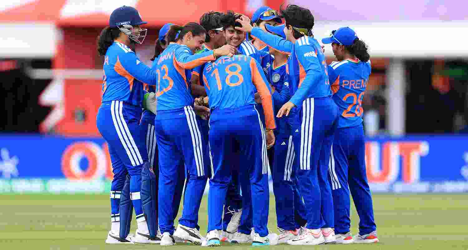 India's Shree Charani celebrates bowling and catching out South Africa's Laura Wolvaardt during the ICC Women's T20 World Cup match between India and South Africa. India's Shree Charani celebrates bowling and catching out South Africa's Laura Wolvaardt during the ICC Women's T20 World Cup match between India and South Africa.