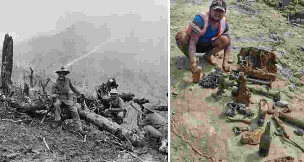 (Left) Soldiers pose during World War II. Unearthed WWII relics near Langthabal, Imphal West, include shell cases, bottles and a grenade—believed to date back to the 1944 Battle of Imphal fought against advancing Japanese troops (Right).
(Left) Soldiers pose during World War II. Unearthed WWII relics near Langthabal, Imphal West, include shell cases, bottles and a grenade—believed to date back to the 1944 Battle of Imphal fought against advancing Japanese troops (Right).