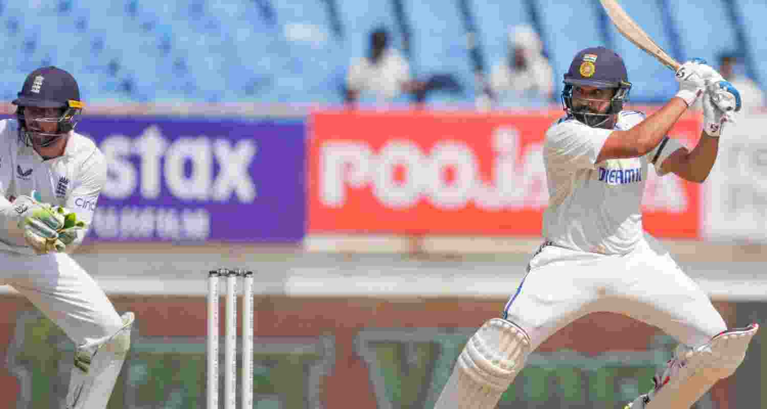 India's Rohit Sharma plays a shot during the 3rd day of the 3rd cricket test match between India and England, at Niranjan Shah Stadium, in Rajkot on Saturday. India's Rohit Sharma plays a shot during the 3rd day of the 3rd cricket test match between India and England, at Niranjan Shah Stadium, in Rajkot on Saturday.