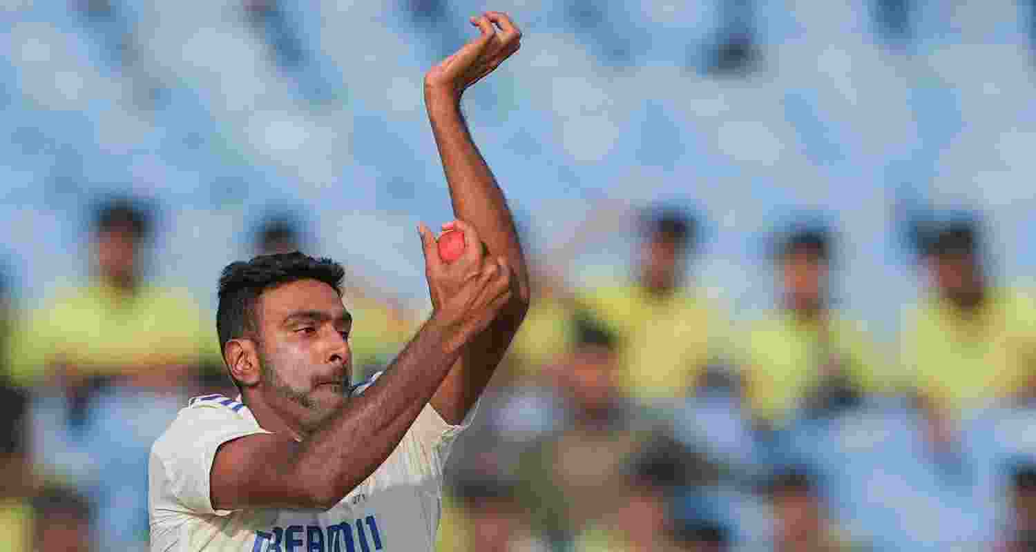 Ravichandran Ashwin bowls a delivery in the test match against England in Rajkot, Gujarat. Ravichandran Ashwin bowls a delivery in the test match against England in Rajkot, Gujarat.