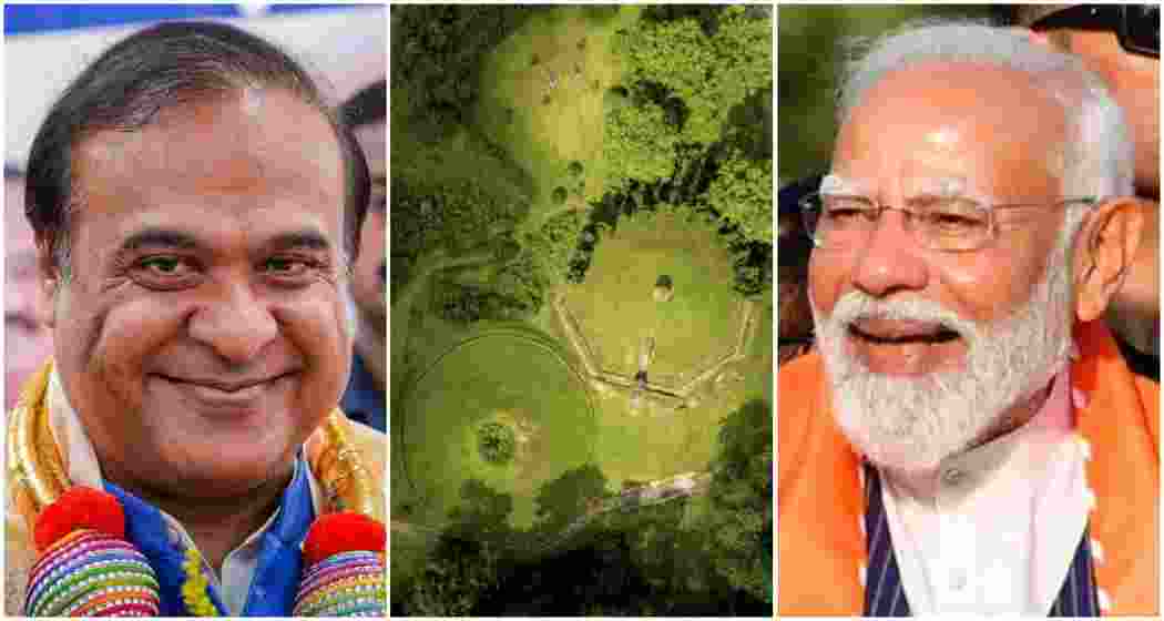 Assam's Chief Minister, Himanta Biswa Sarma (L), Charaideo Moidam (M), Prime Minister Narendra Modi (R). Assam's Chief Minister, Himanta Biswa Sarma (L), Charaideo Moidam (M), Prime Minister Narendra Modi (R).