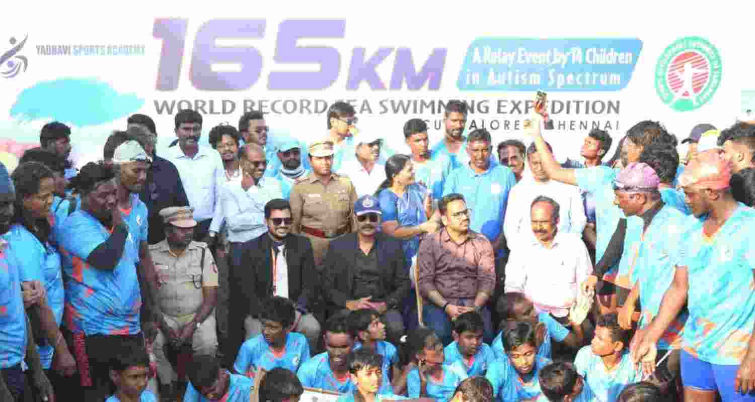 Children from the Yadhavi Sports Academy participating in the event to celebrate their swimming achievement. Image courtesy of India Book of Records. Children from the Yadhavi Sports Academy participating in the event to celebrate their swimming achievement. Image courtesy of India Book of Records.