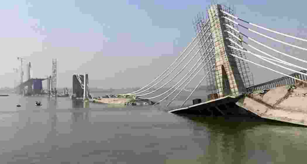 A view of a site where an under-construction Aguwani-Sultanganj bridge collapsed for the second time, in Bhagalpur on June 5, 2023. A view of a site where an under-construction Aguwani-Sultanganj bridge collapsed for the second time, in Bhagalpur on June 5, 2023.