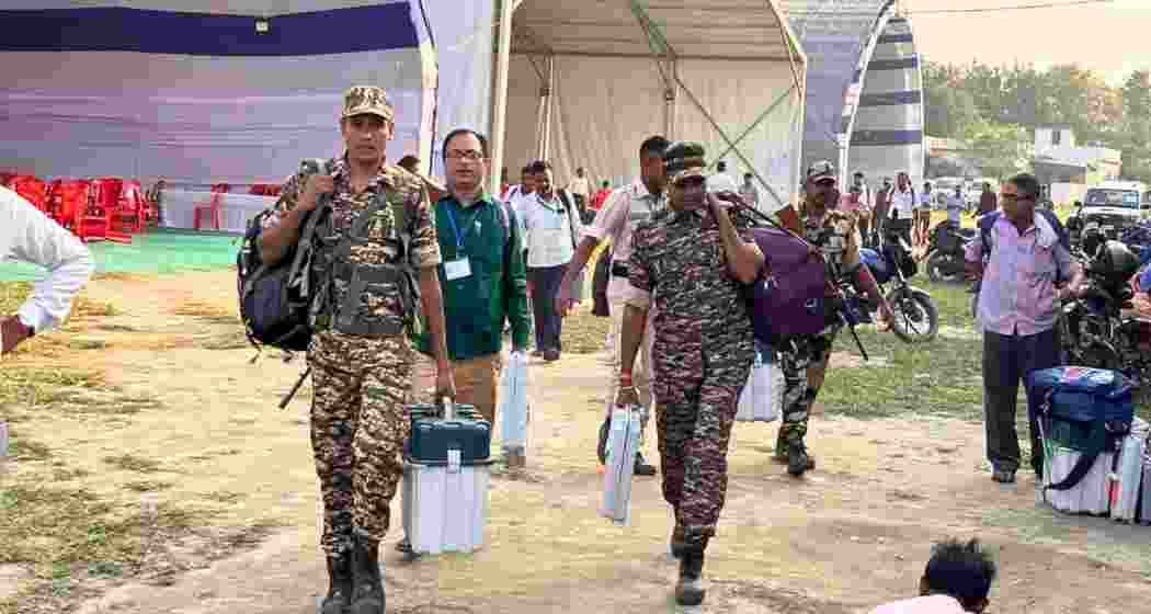 Polling parties and security personnel depart for their assigned booths with EVMs and election materials after collecting them from designated despatch centres ahead of the first phase of polling. Polling parties and security personnel depart for their assigned booths with EVMs and election materials after collecting them from designated despatch centres ahead of the first phase of polling.