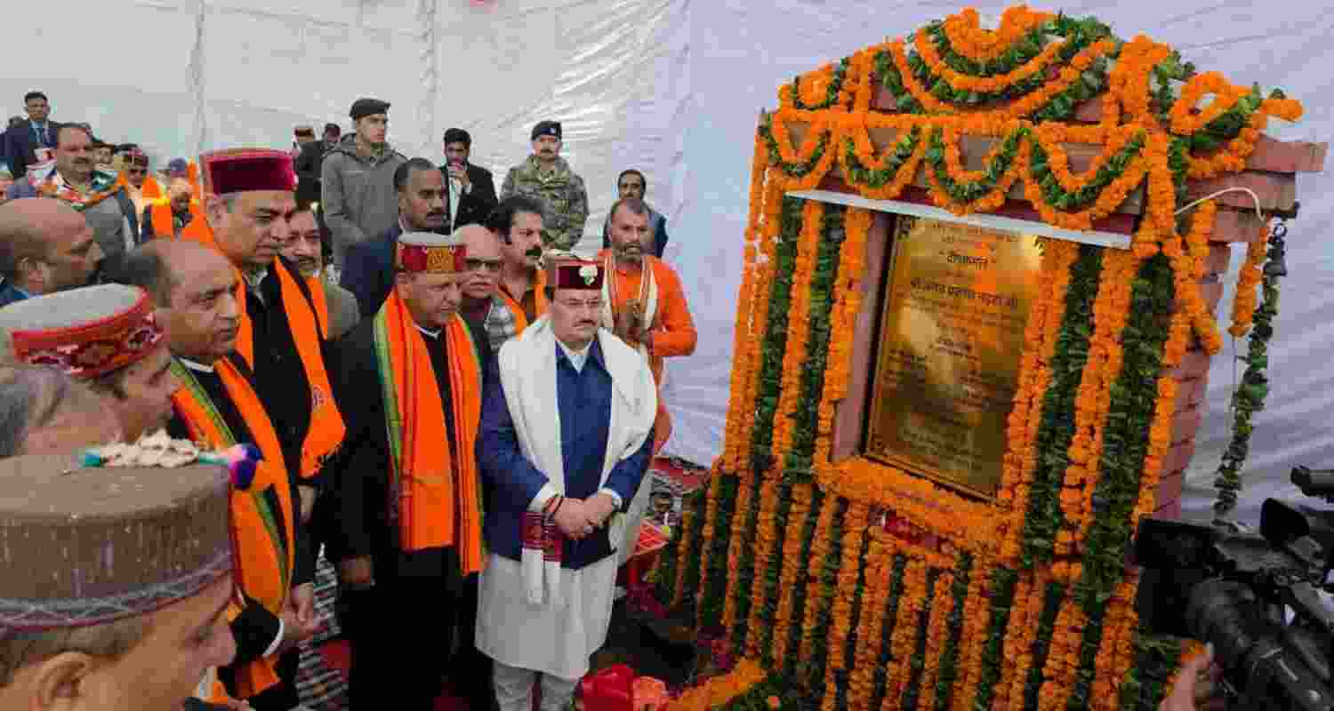 BJP national president and Union Health Minister J P Nadda lays foundation stone of BJP state office in Shimla on Saturday. BJP national president and Union Health Minister J P Nadda lays foundation stone of BJP state office in Shimla on Saturday.